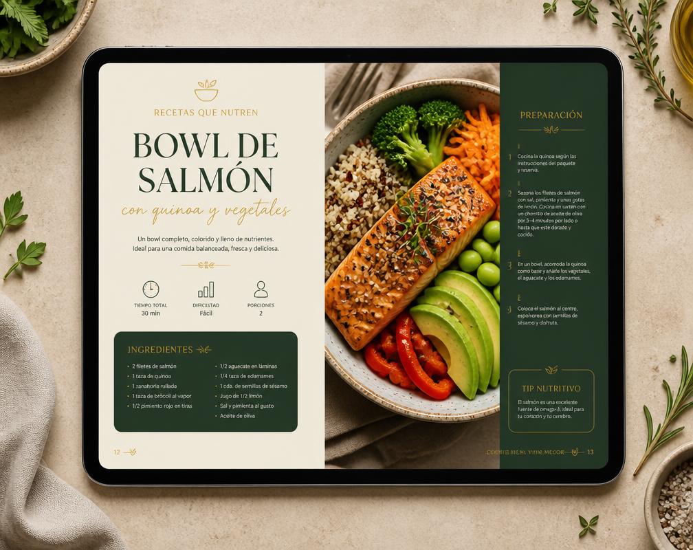 Página de receta de almuerzo con bowl de salmón y quinoa