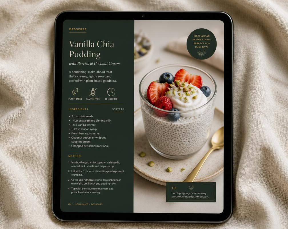 Página de postre saludable con pudín de chía